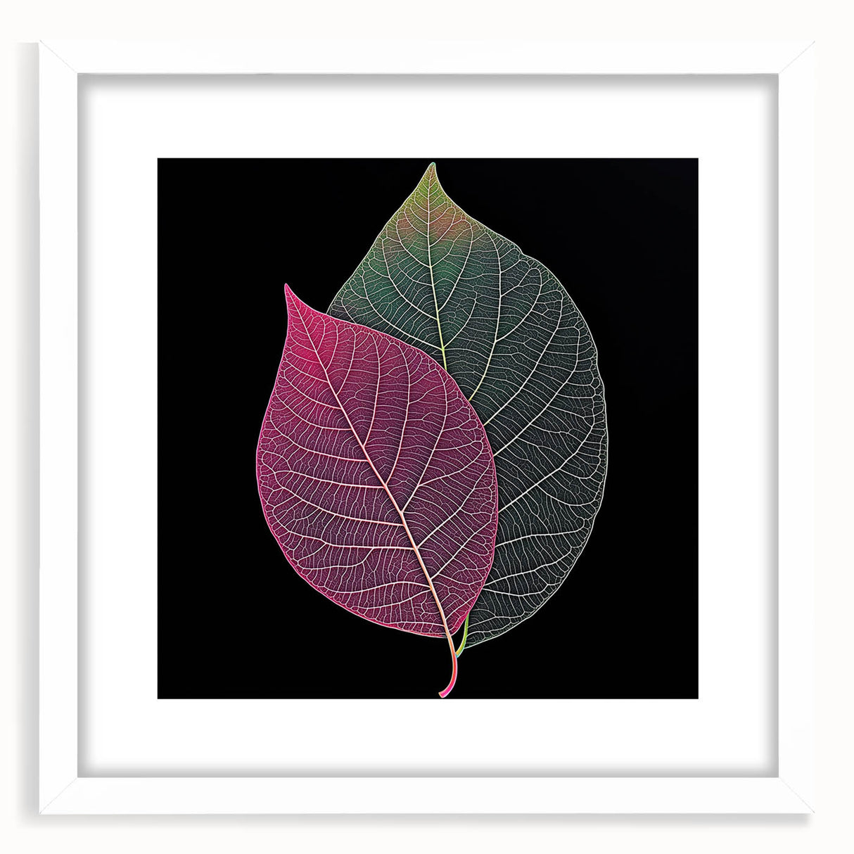 Abstract art print of close-up green leaves in a white frame, suitable for dining room or bedroom decor.