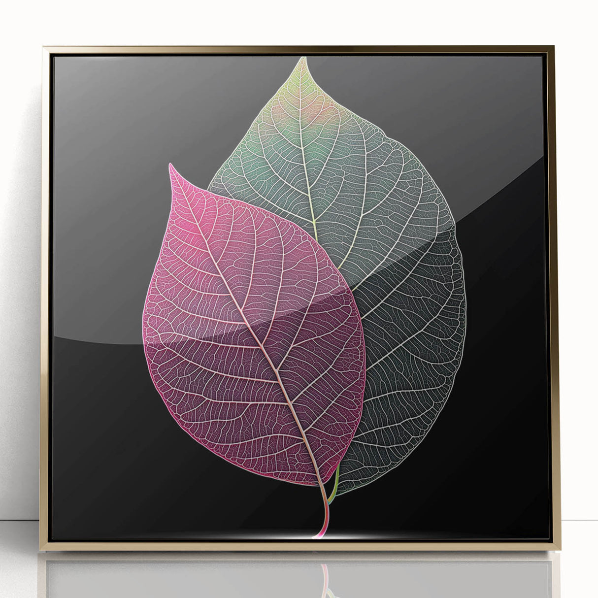 Close-up of leaves in vibrant green hues, framed in gold acrylic, mid-century modernist style, ideal for nursery wall art.