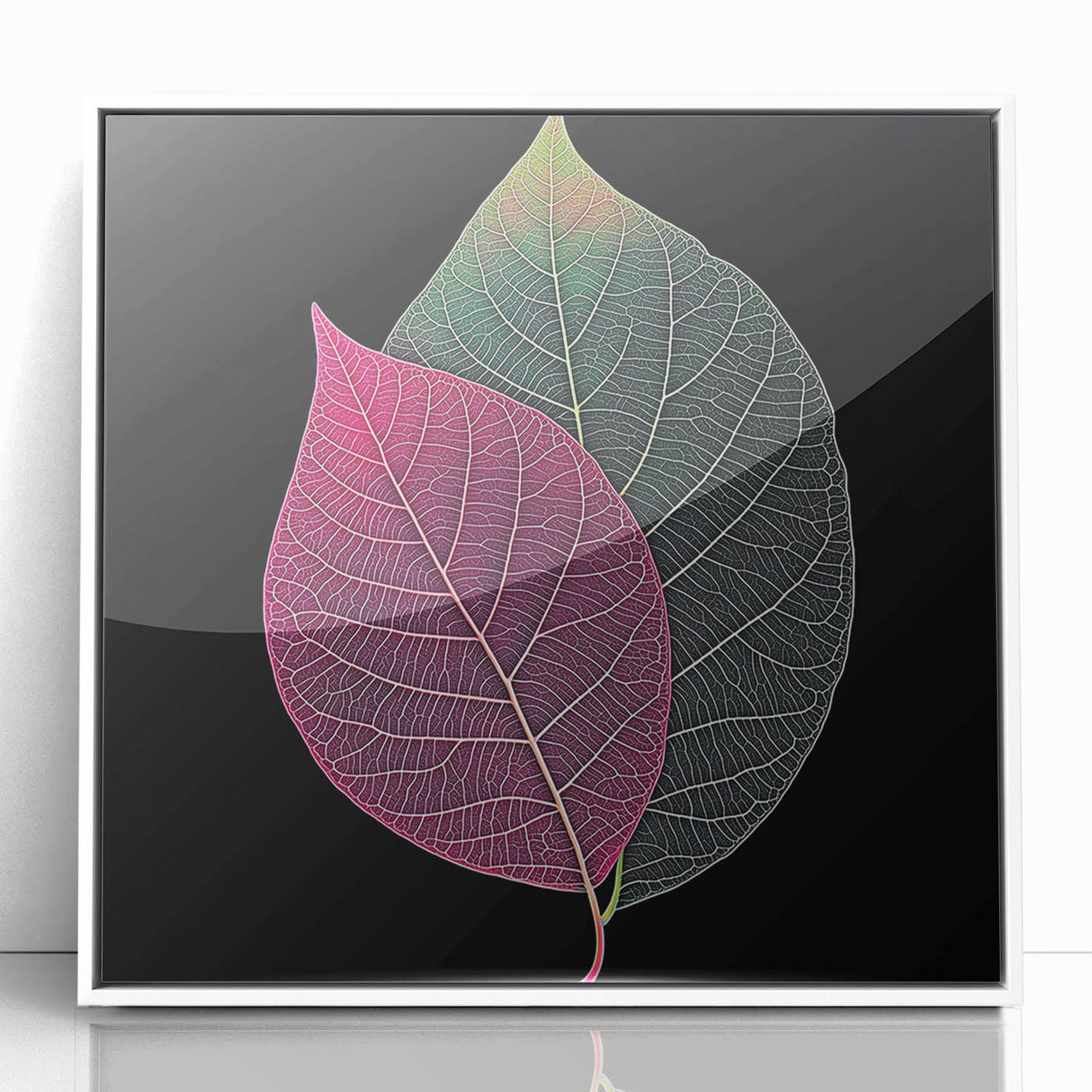 Framed acrylic print featuring close-up of green leaves, in art deco style, ideal for modern nursery decor.