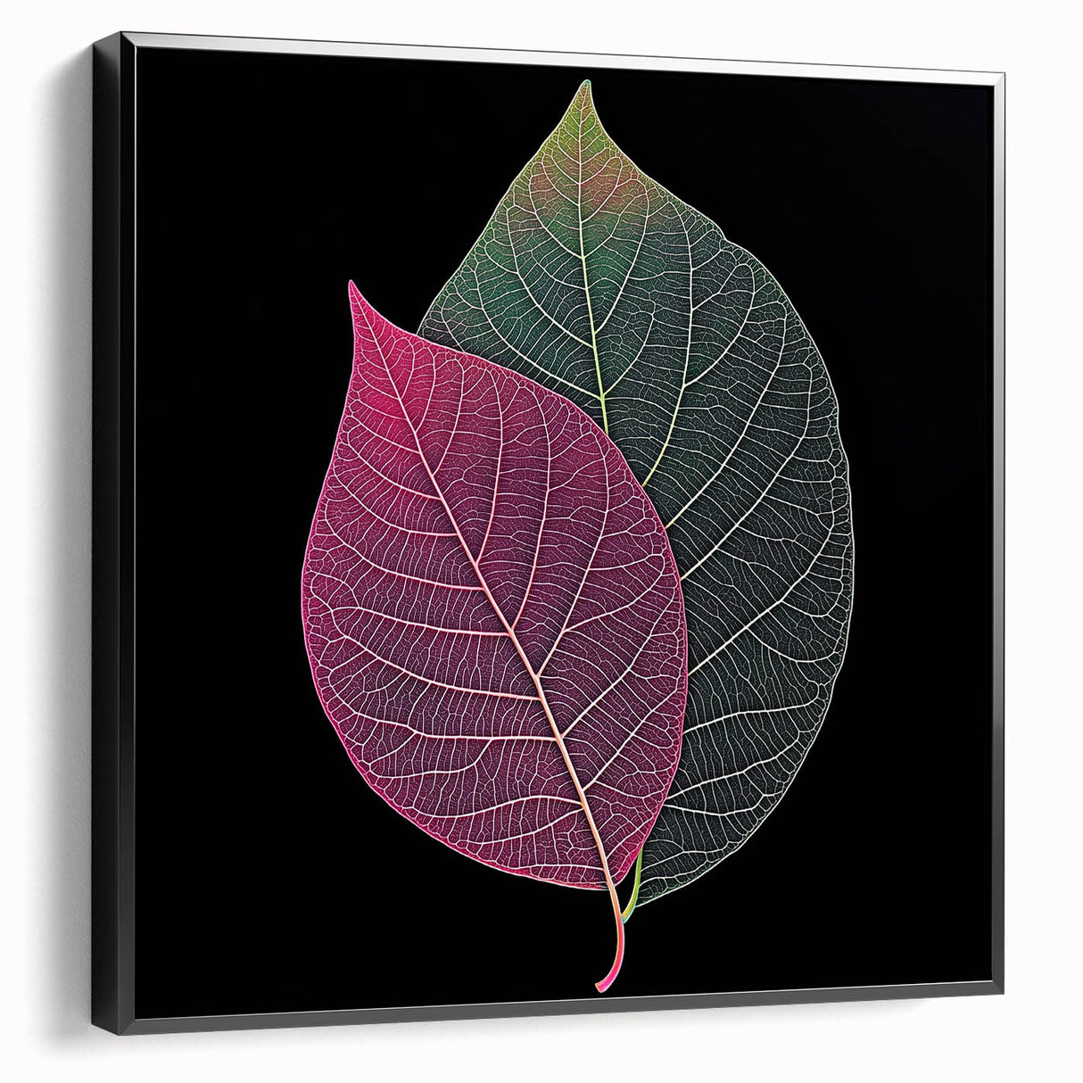 Framed canvas of close-up black and white leaves, ideal for bedroom wall art in a vintage style.