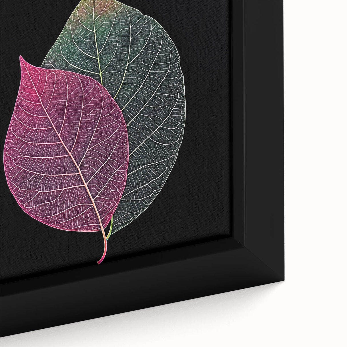 Close-up of textured leaves in black with vibrant green accents on a framed canvas, ideal for large living room walls.