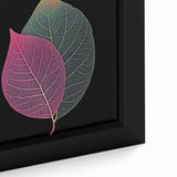 Close-up of textured leaves in black with vibrant green accents on a framed canvas, ideal for large living room walls.