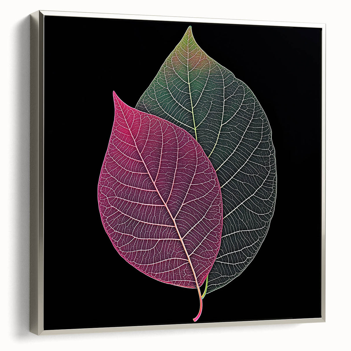 Landscape art painting featuring close-up of leaves in muted green and silver on framed canvas.