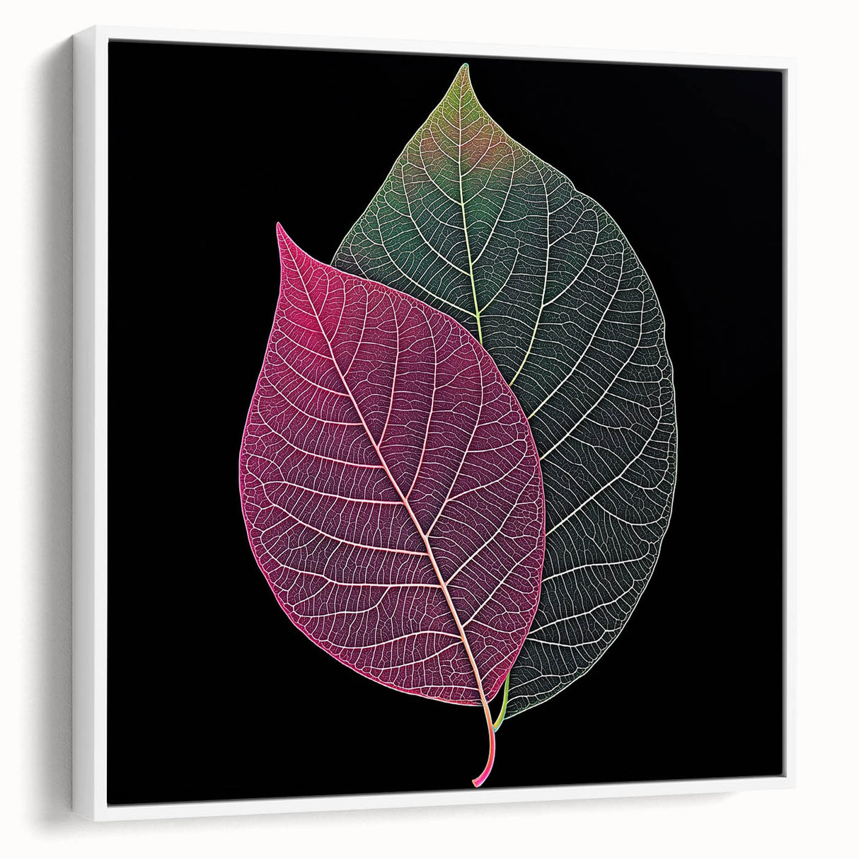 Framed canvas of vintage poster art featuring close-ups of leaves in vibrant green tones, ideal for living room decor.