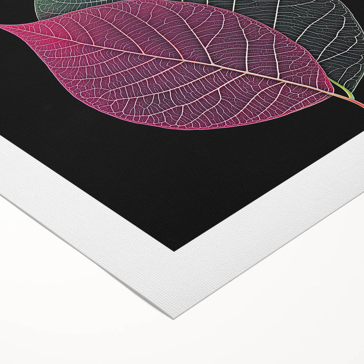 Art deco poster featuring close-up of green leaves on rolled canvas, suitable for dining room wall art.