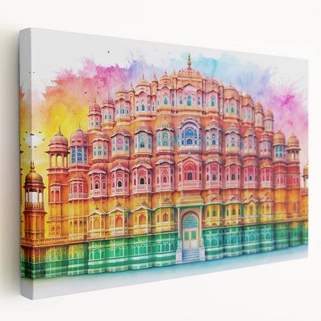 Large stretched canvas featuring a vibrant Indian landscape in rich orange and red tones, ideal for kitchen wall art.