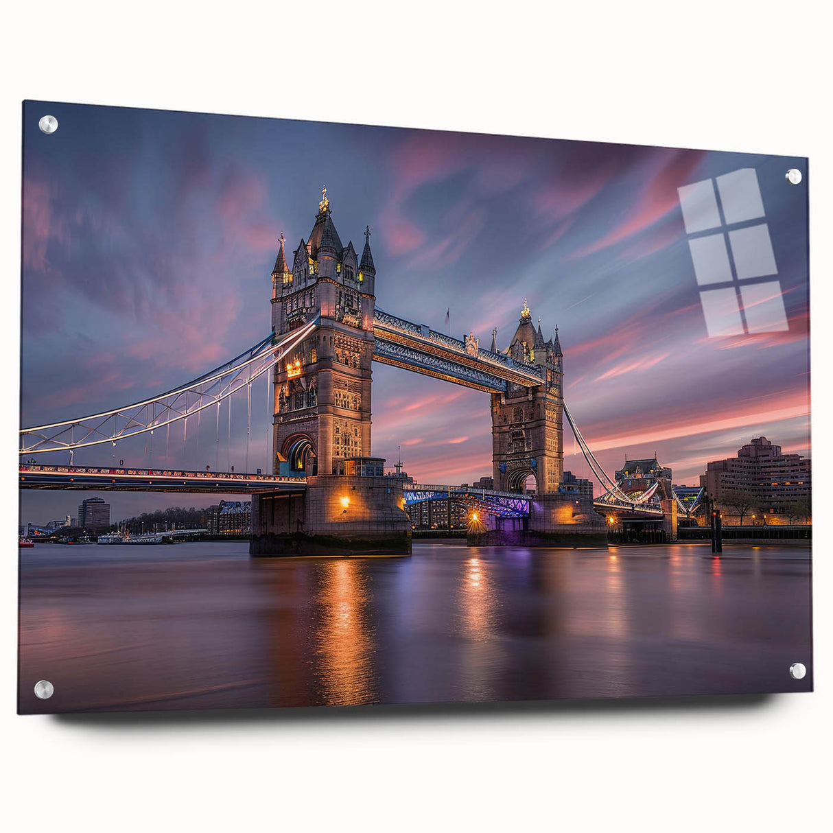 Acrylic print of abstract London scenery in cool blue and gray tones, suitable for dining room or bedroom.