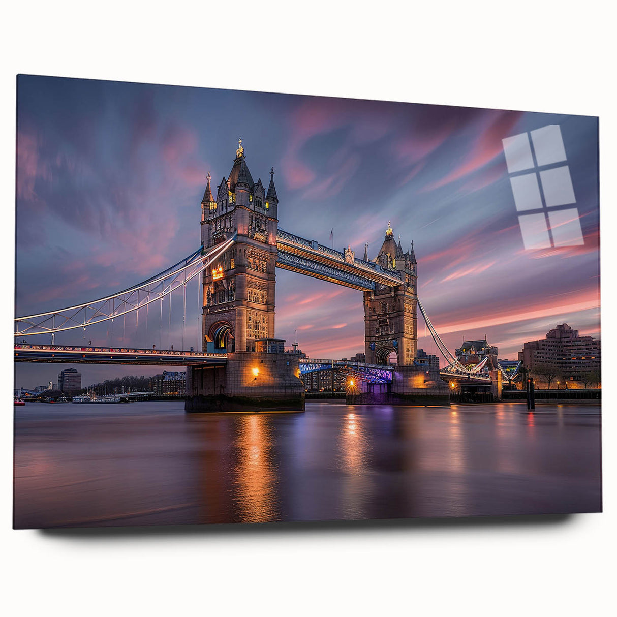 Acrylic print of a large abstract depiction of the London skyline in muted gray and blue tones.