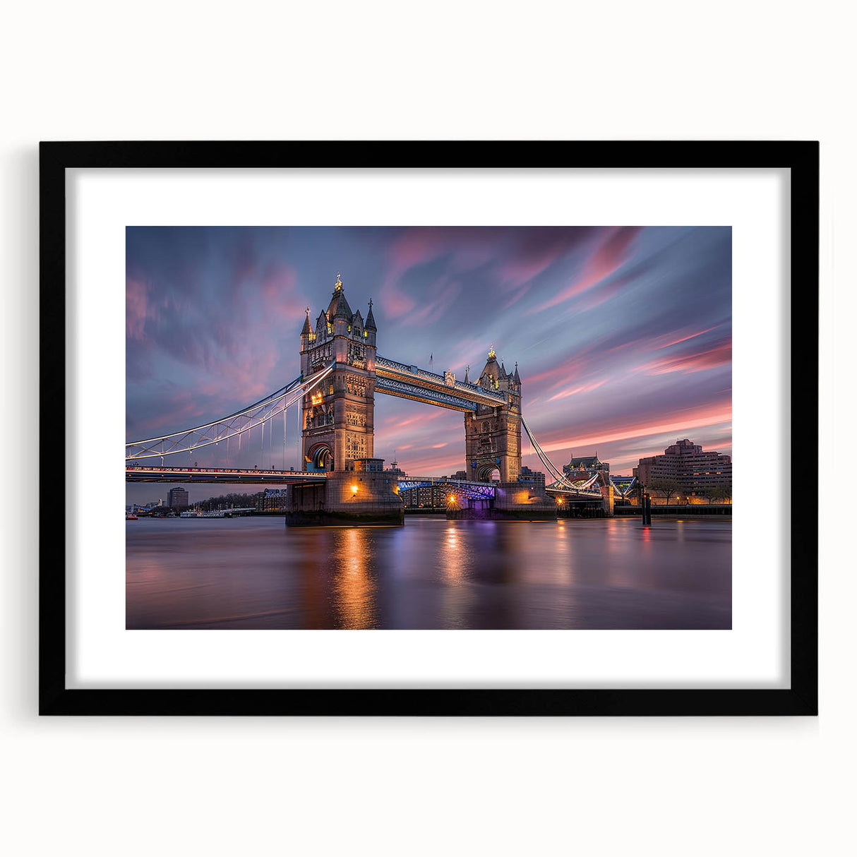 Abstract art print of London scenery in vibrant colors on a large textured canvas, ideal for living room decor.