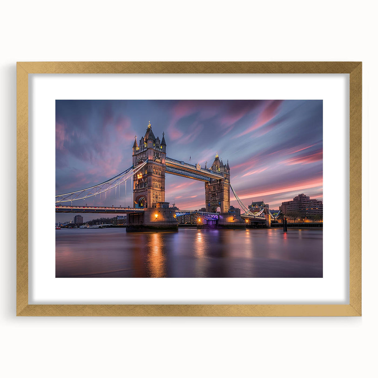 Abstract art print of London scenery in muted gold and gray tones on a framed matte canvas.