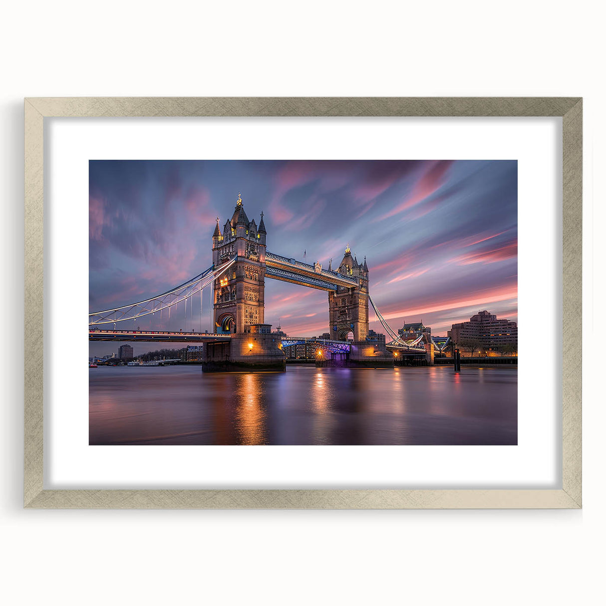 Extra large abstract art print of London scenery in muted tones on a textured canvas, framed with a silver mat.