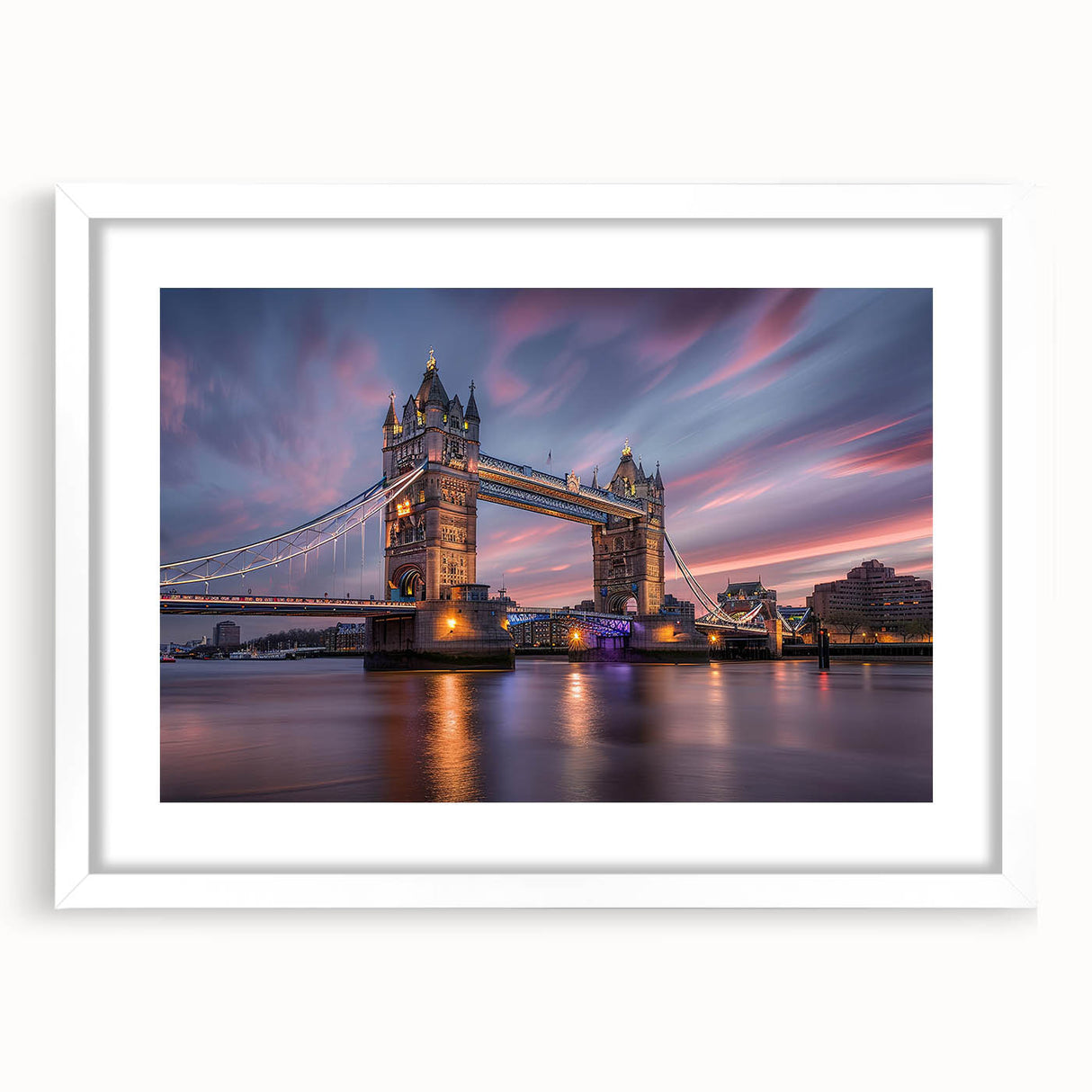 Textured art depicting an abstract London skyline in muted gray and blue tones, framed with a white mat.