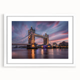 Textured art depicting an abstract London skyline in muted gray and blue tones, framed with a white mat.