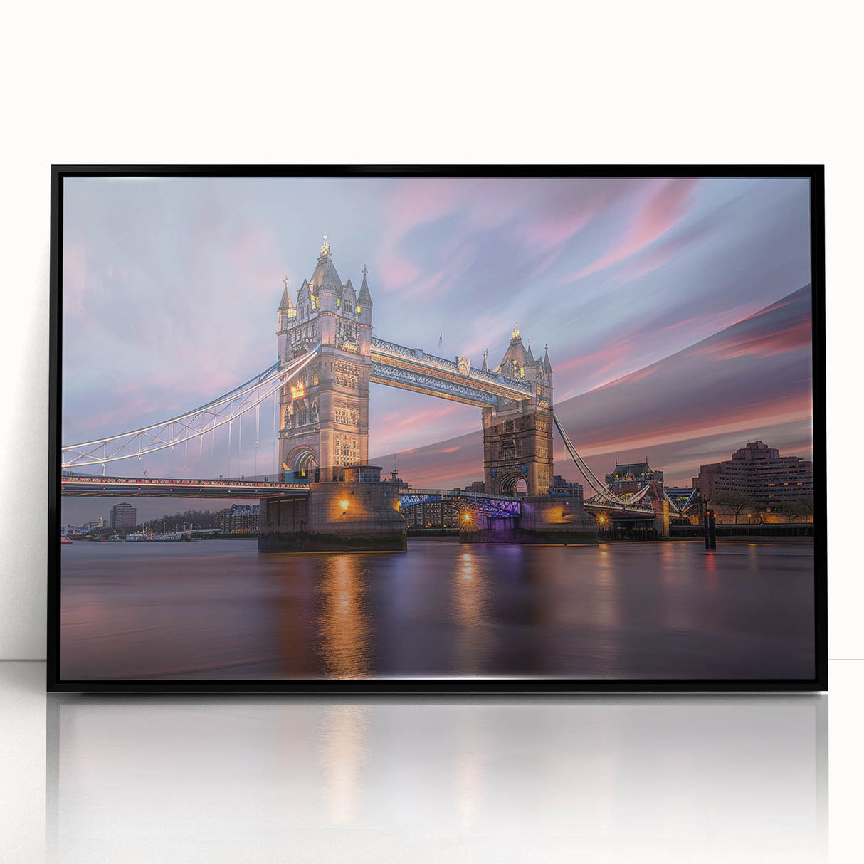 Large abstract wall art depicting the London skyline in muted gray and blue tones, framed acrylic.