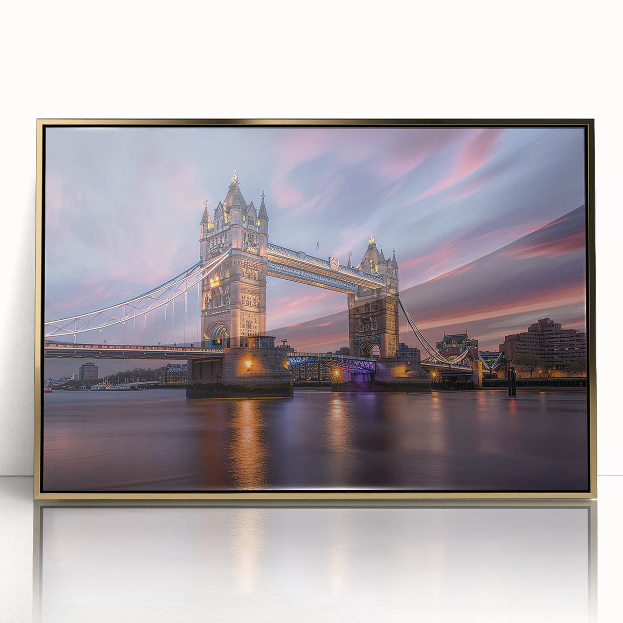 Art Deco poster of London scenery in muted gold and black tones on framed acrylic, suitable for modern art wall decor.