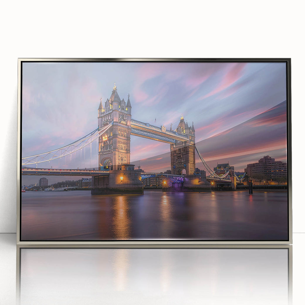 Large art print of London scenery in muted silver and gray tones on framed acrylic, suited for modern art wall decor.