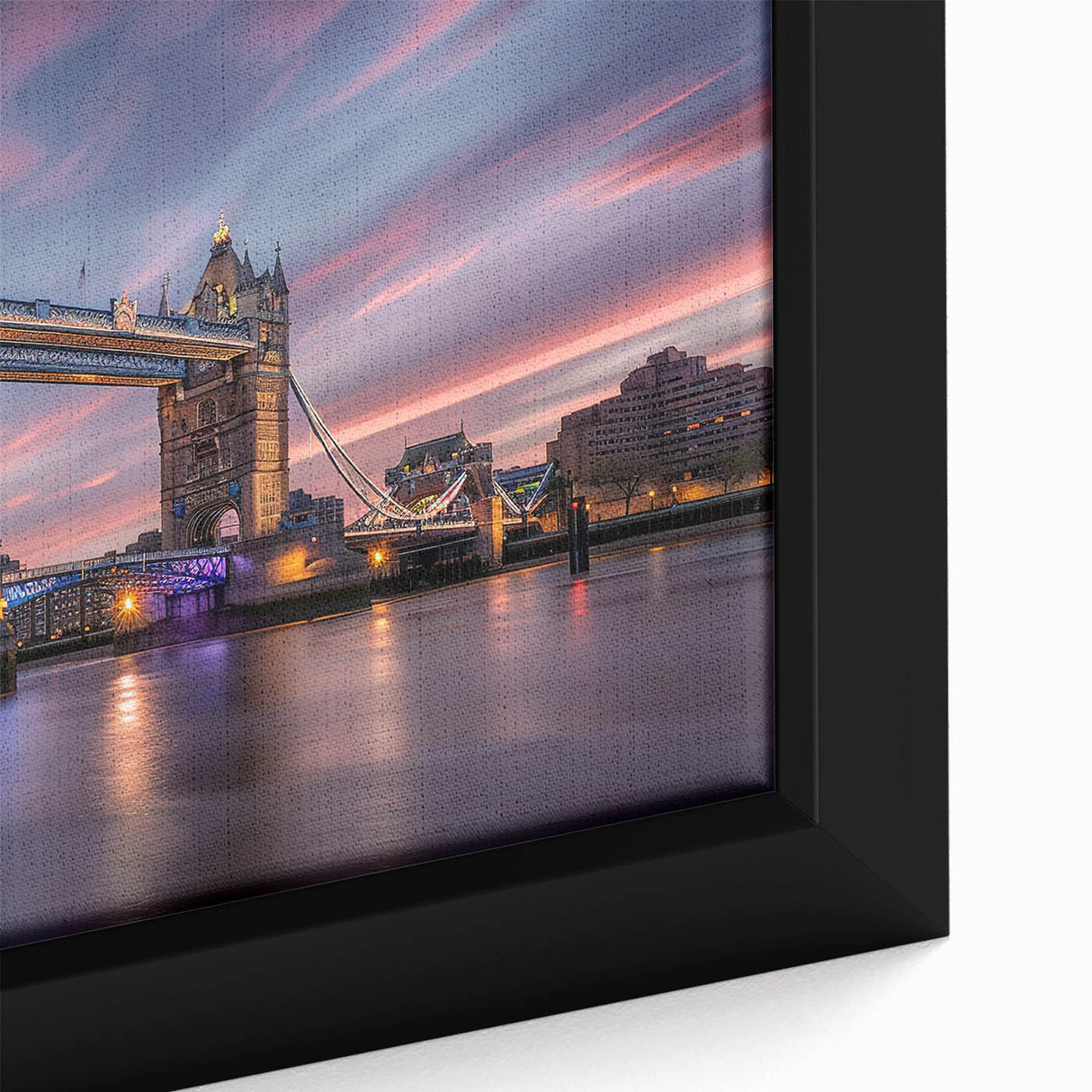 Black wall art featuring a textured depiction of the London skyline on a framed canvas, incorporating colorful art elements.