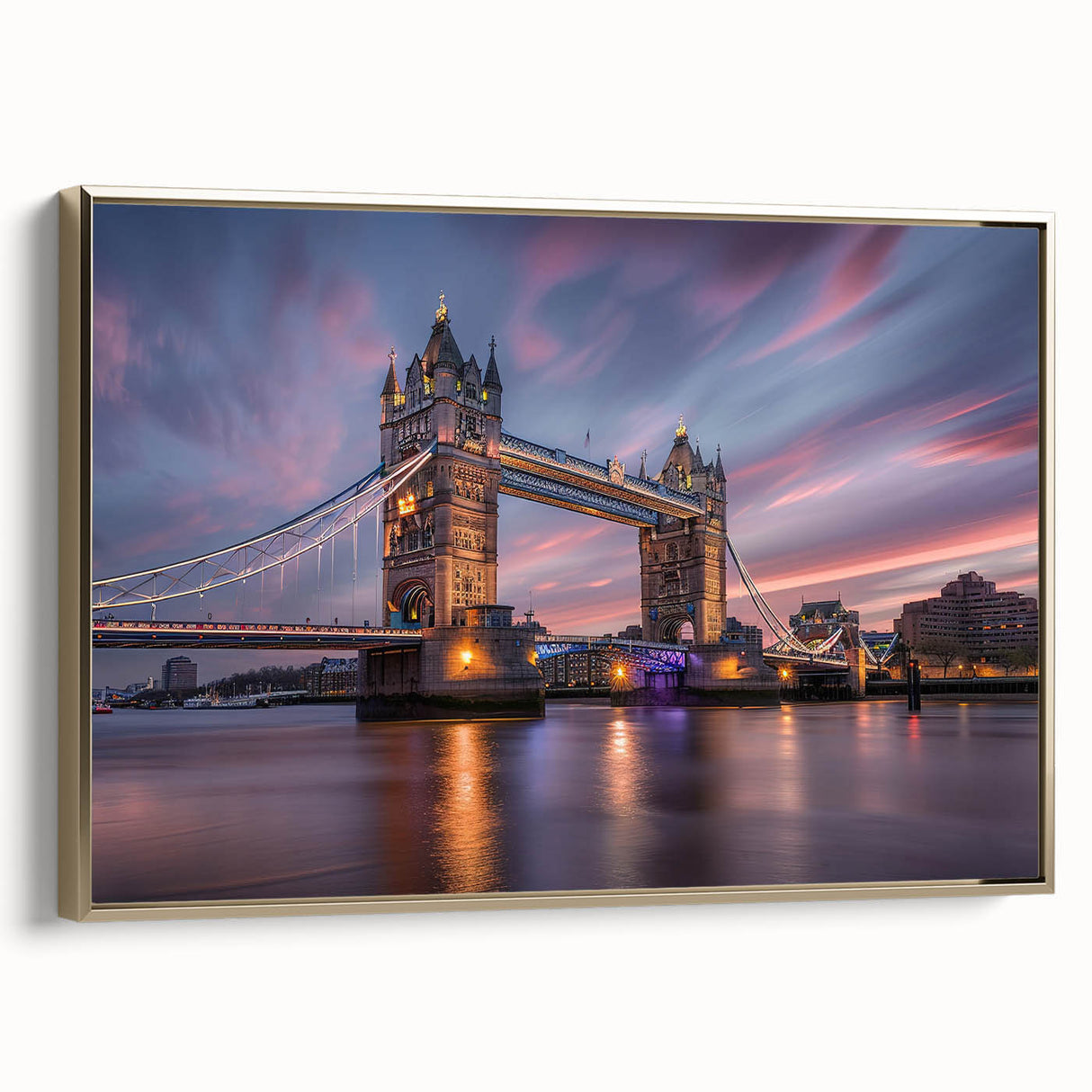 Vintage poster art of London scenery on framed canvas, with black and gold tones, ideal for bedroom wall decor.