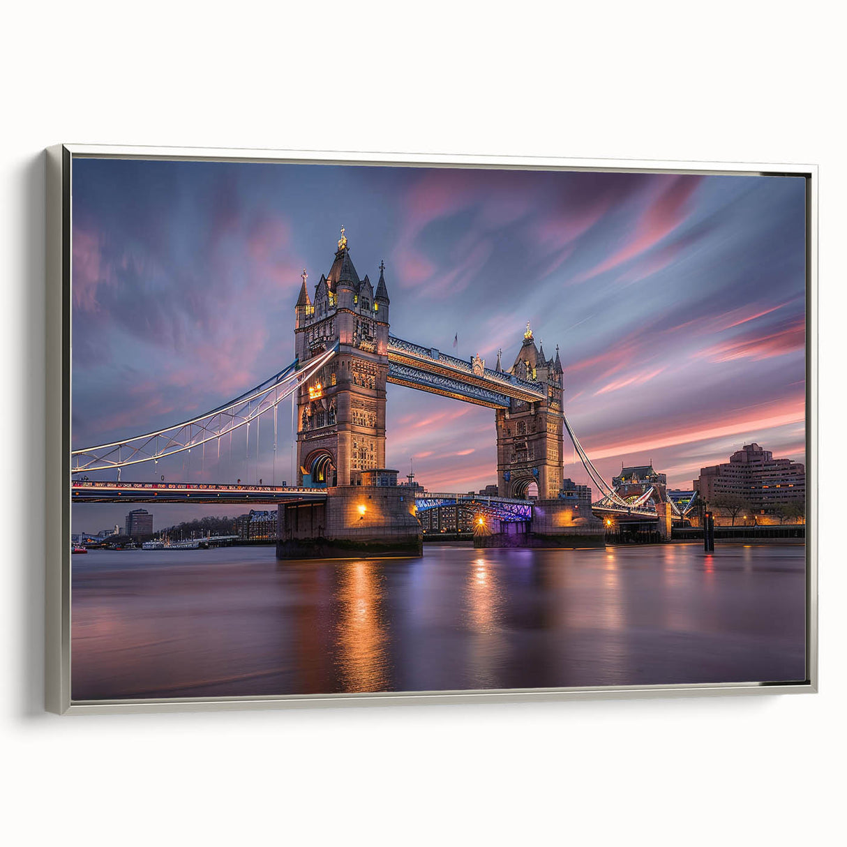Landscape art painting of London featuring a vintage poster style on framed canvas.
