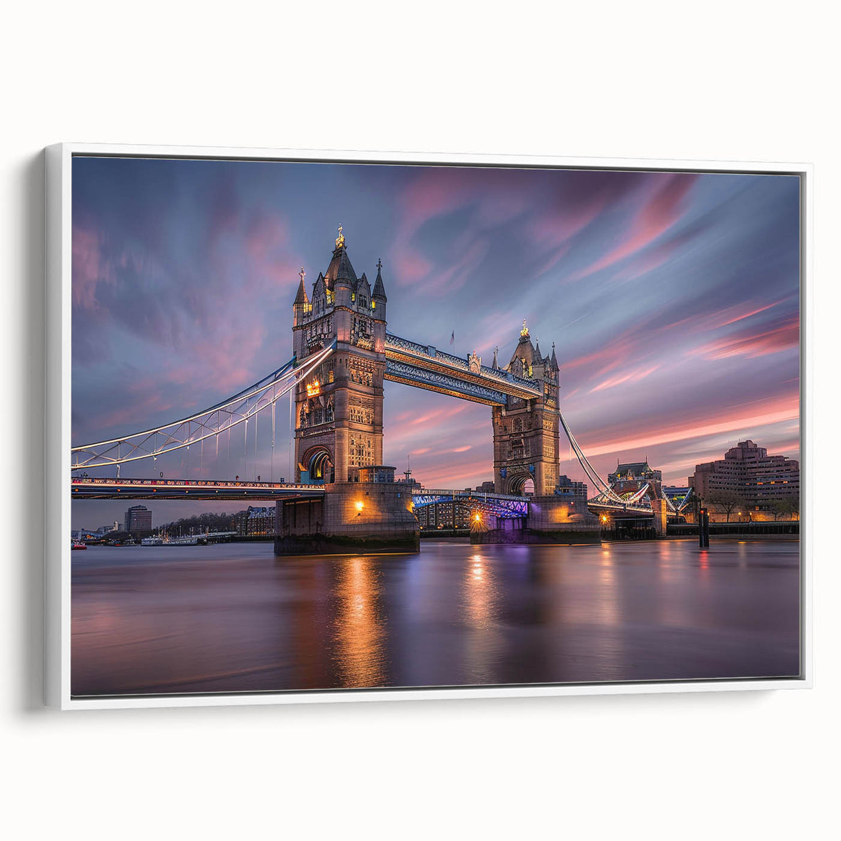 Vintage poster art of London scenery in vibrant colors on a white framed canvas, ideal for living room decor.