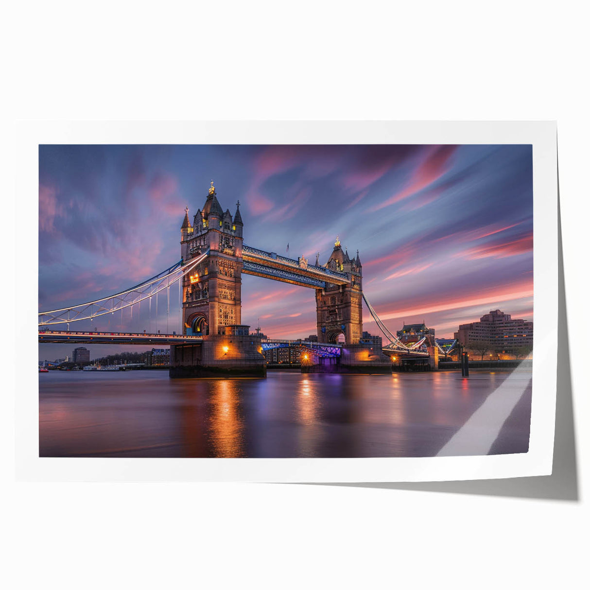 Extra large rolled print of a London scenery with floral accents in muted colors, ideal for dining room wall art.