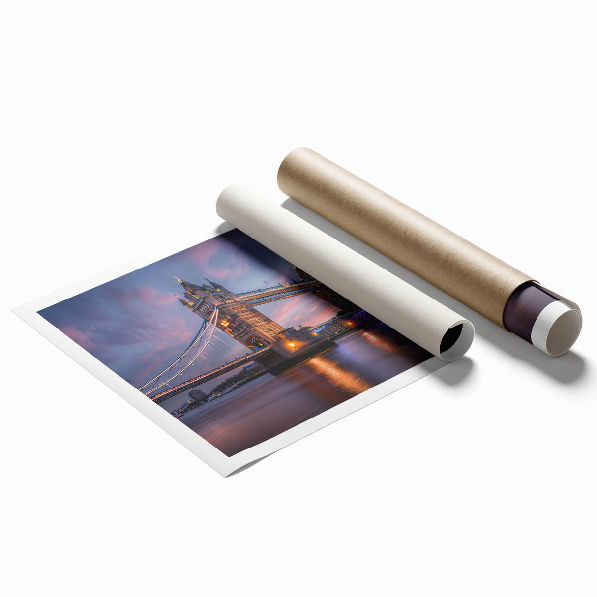 Extra large rolled print of London scenery with floral elements in soft color tones, suitable for classy bathroom wall art.