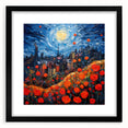 Colorful abstract art print of Paris scenery in vibrant hues on textured canvas, framed in black.