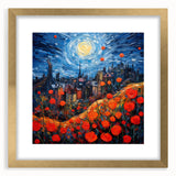 Abstract art print of a Parisian scene in muted gray and gold tones on a framed canvas, suitable for dining room decor.