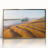 Acrylic print of a Brazilian landscape in muted green and blue, framed in gold, suitable as modern art wall decor.