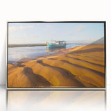 Mid-century modernist art depicting a vibrant Brazilian landscape on a silver-framed acrylic print.