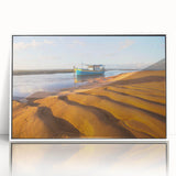 Art deco poster featuring a minimalist Brazilian landscape in muted green and blue tones, acrylic print framed in white.