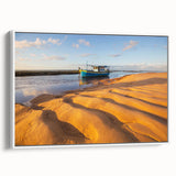 Vintage poster art of a colorful Brazilian landscape on a large framed canvas, ideal for living room decor.