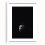 Abstract art print featuring swirling autumnal hues on a white-framed canvas, suitable for bedroom or dining room decor.