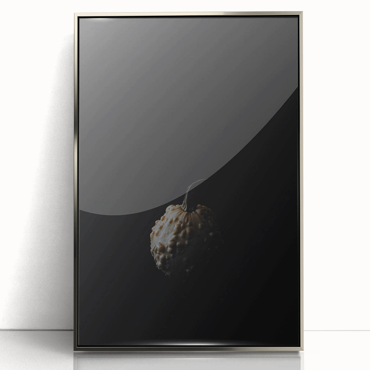 Mid-century modernist art depicting an abstract fall scene in warm orange and brown tones on a silver-framed acrylic print.