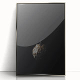 Mid-century modernist art depicting an abstract fall scene in warm orange and brown tones on a silver-framed acrylic print.