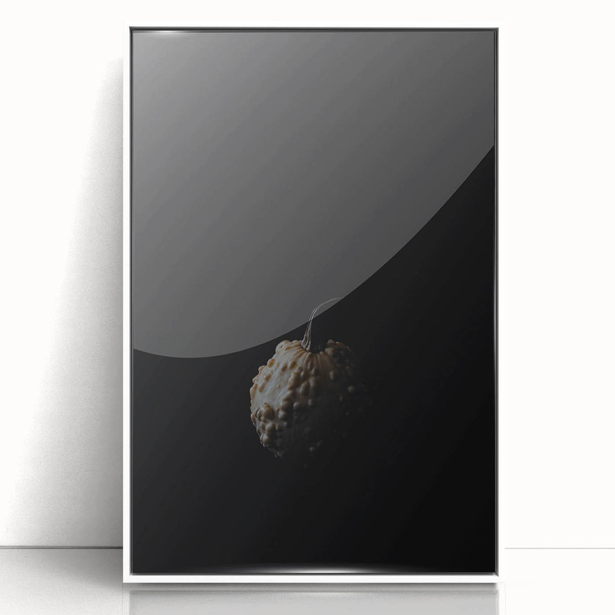Art deco poster featuring a stylized fall landscape in muted orange and brown tones, framed in white acrylic.