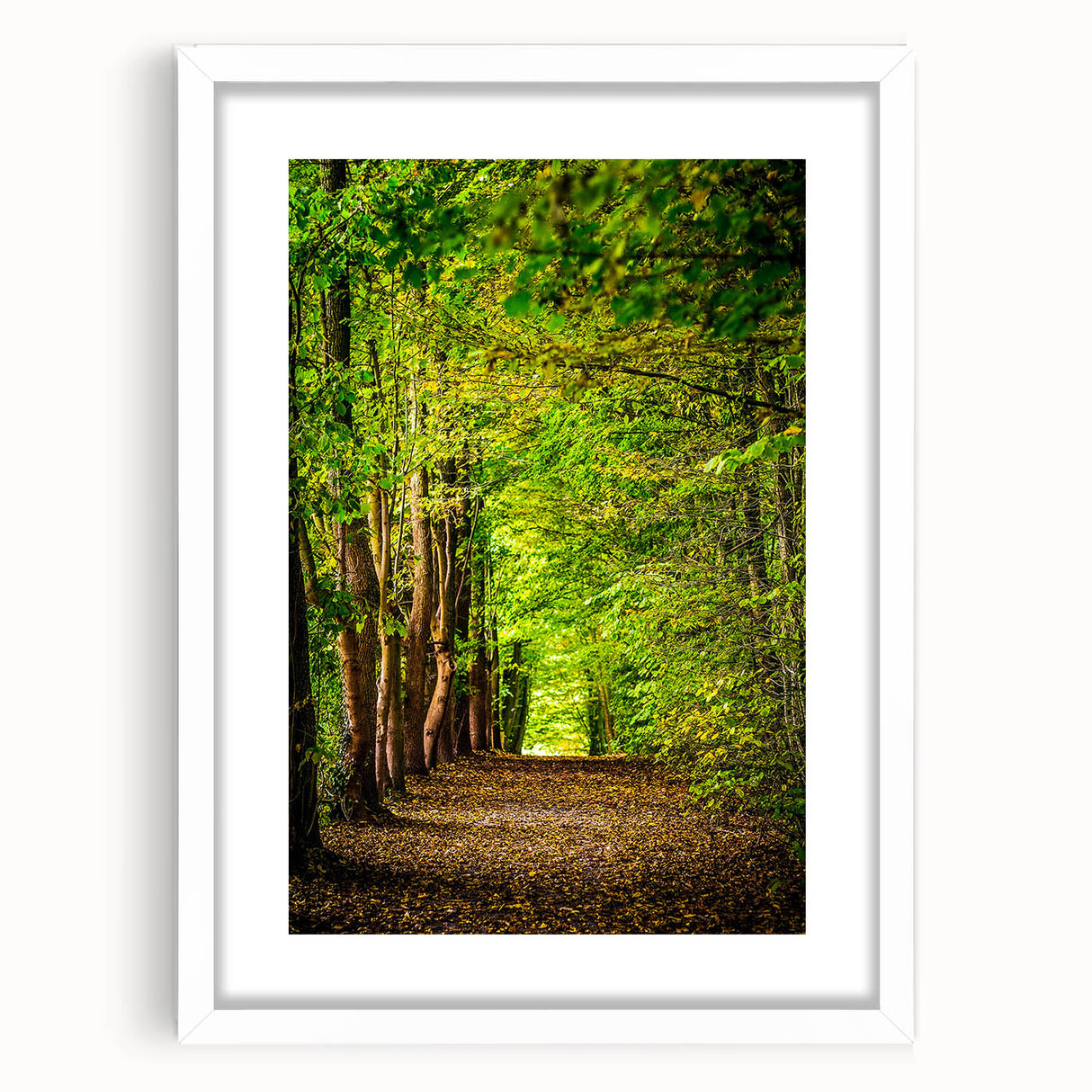Abstract art print depicting spring, with soft green and pink hues on a white framed canvas.