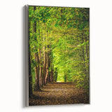 Landscape art painting of spring season on framed canvas, featuring colorful trees and a black background.