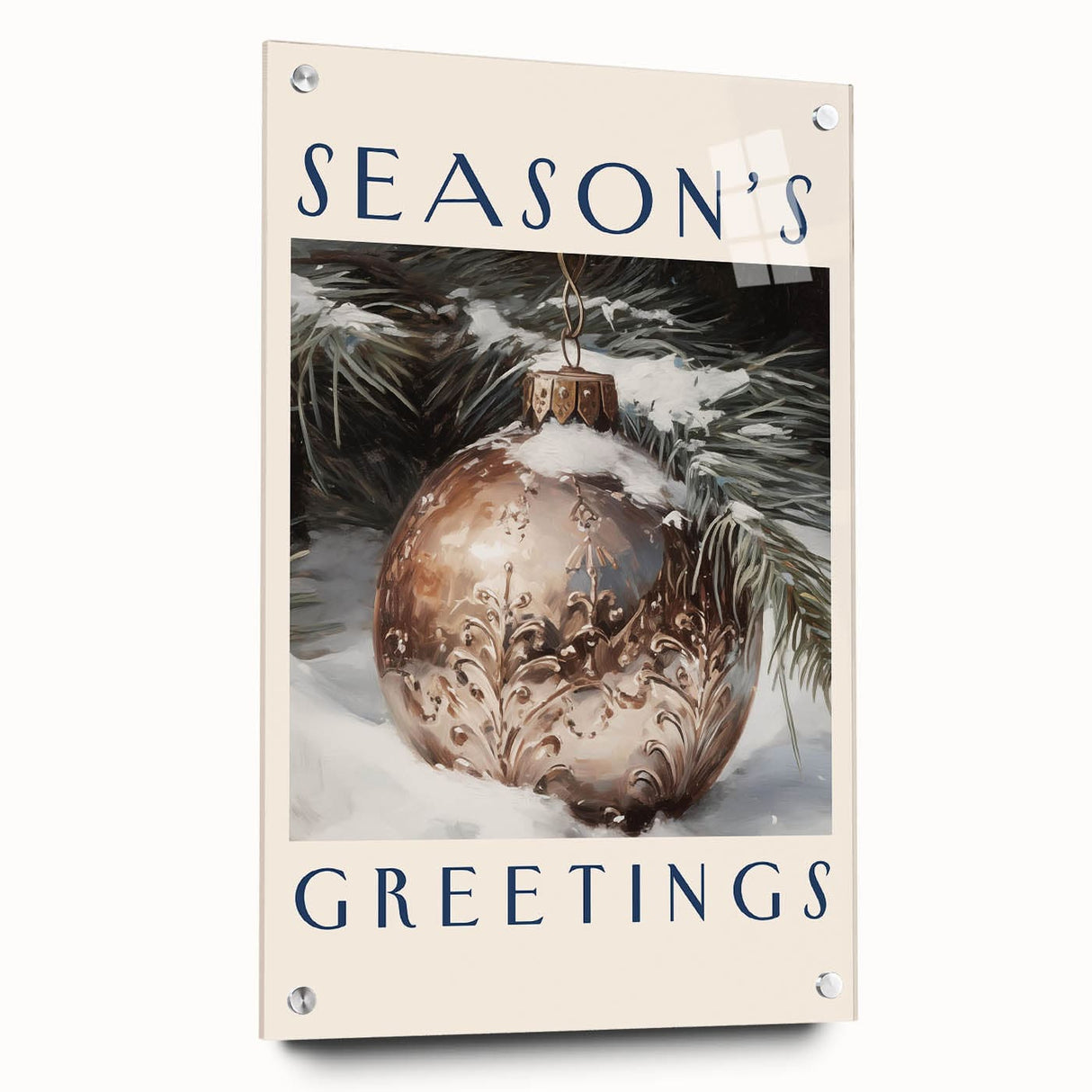 Large abstract wall art on acrylic glass depicting a winter scene in muted blue and white tones.