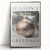 Mid-century modernist art depicting a winter scene in muted blue and white tones on a framed acrylic.