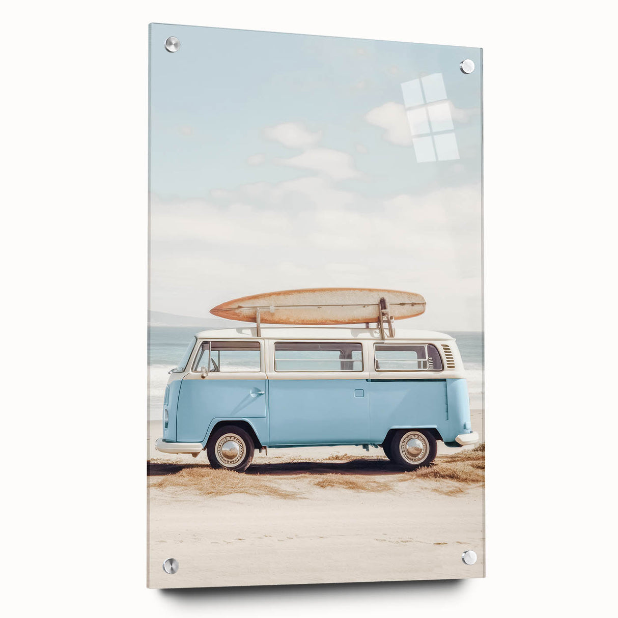Large abstract wall art on acrylic glass, featuring swirling blue and white patterns.