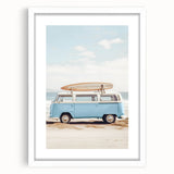 Abstract art print featuring swirls of blue and green, encased in a white frame, ideal for dining room decor.