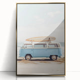 Large acrylic print of a mid-century modernist summer scene in muted gold and blue tones, suitable for modern nursery decor.