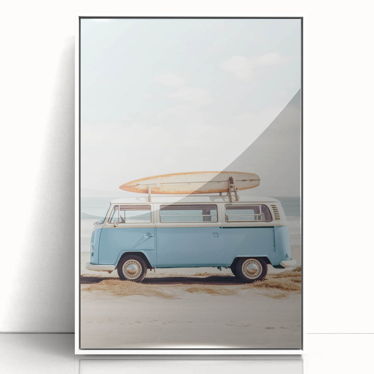 Art deco poster of a summer scene in pastel shades, acrylic print framed in white, suitable for nursery wall art.