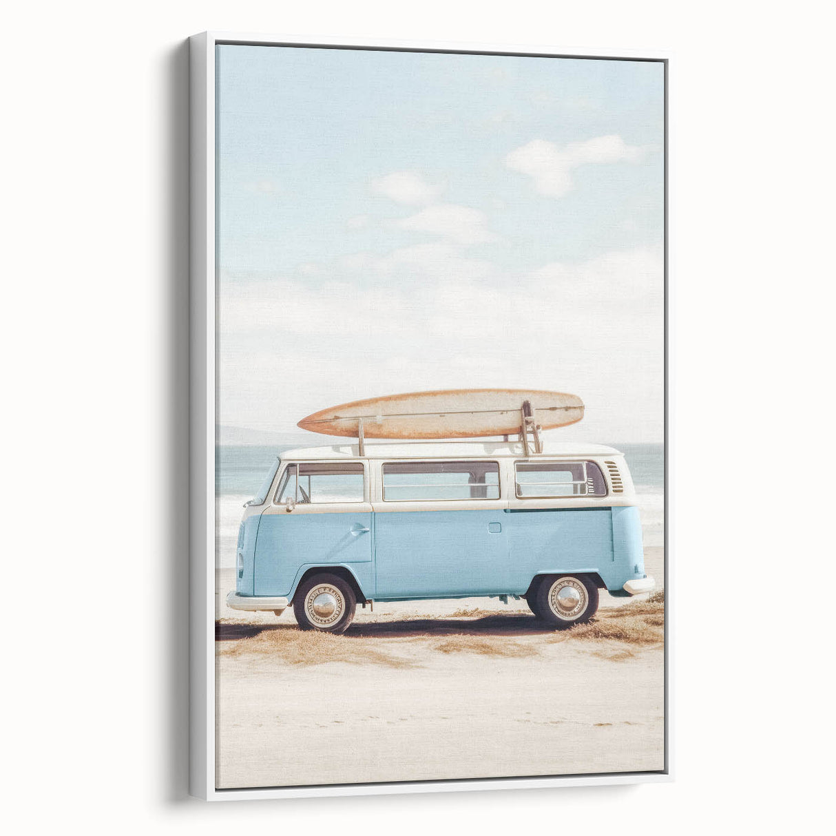 Vintage poster art of a colorful abstract design on a large framed canvas, suitable for living room decor.