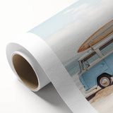 Art deco poster featuring a stylized summer scene on rolled canvas, with soft pastel colors, ideal for nursery wall art.