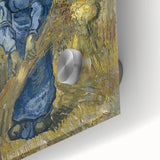 Large abstract wall art on acrylic glass featuring swirling blue and yellow patterns in a mid-century modernist style.