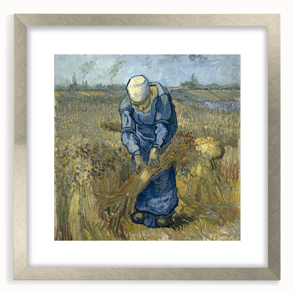 Extra large abstract art print with textured brush strokes in blues and greens, framed in silver.