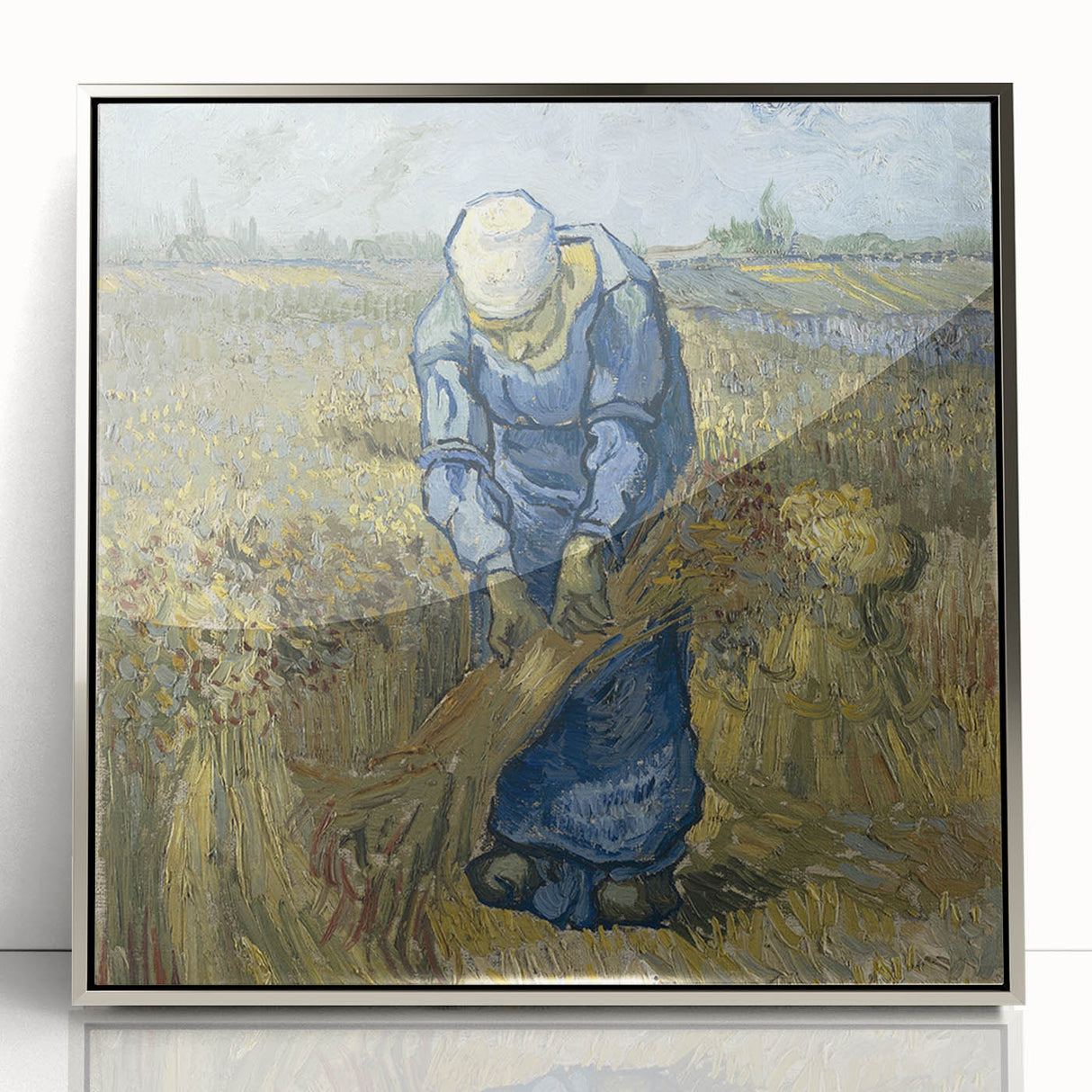 Large art print of a Van Gogh-inspired scene in muted colors on a silver-framed acrylic, suitable for modern art wall decor.