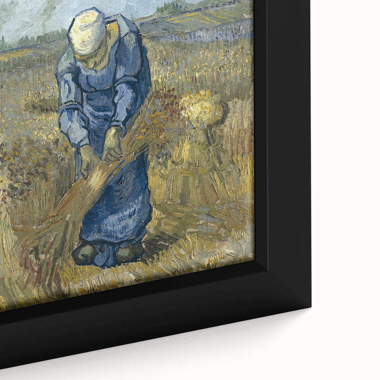 Close-up of extra large framed canvas featuring a textured, colorful depiction of Van Gogh's style on a black background.